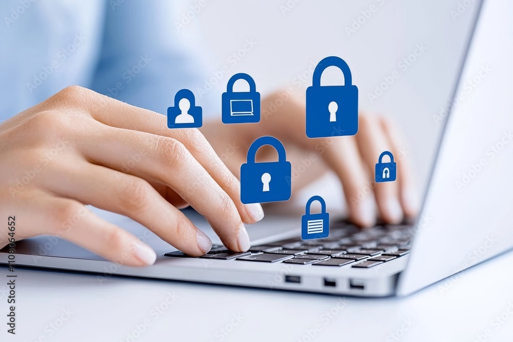Poster concepts of cybersecurity and privacy are essential for safeguarding data. a lock icon symbolizes in