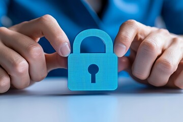 A woman in business uses her smartphone to take notes, with a hologram of lock icons in a double exposure, representing a security theme.
