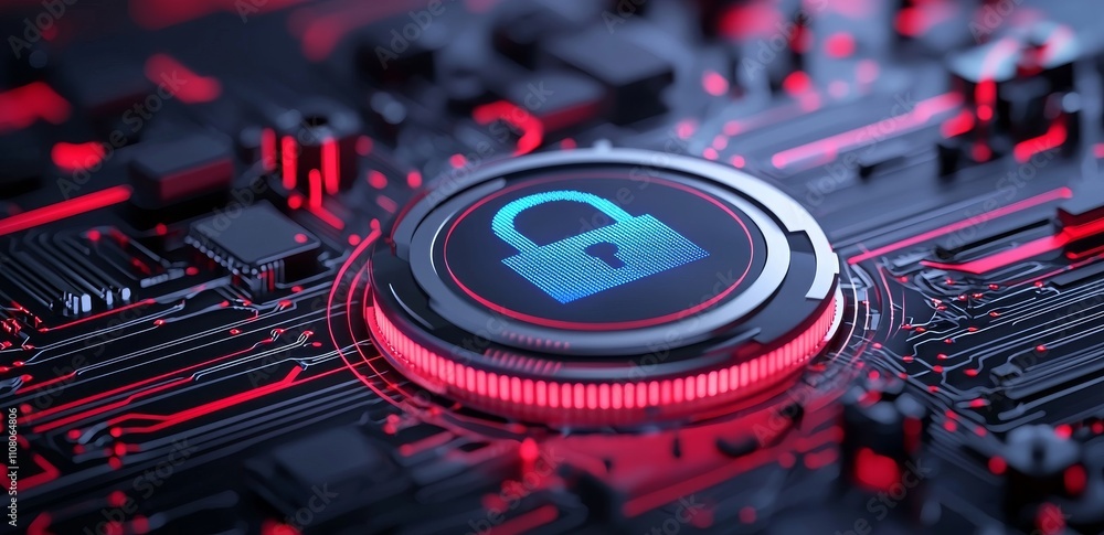 Poster cyber security. a digital padlock icon symbolizing network and data protection technology displayed 