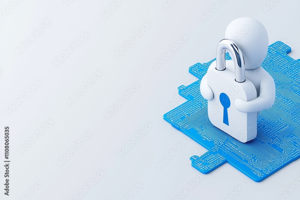 Poster a 3d rendering of a padlock with binary code on a circuit board surface, set against a white backgro
