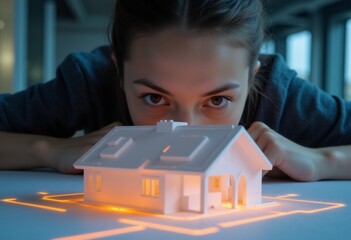 Girl Looking at Printed House Project