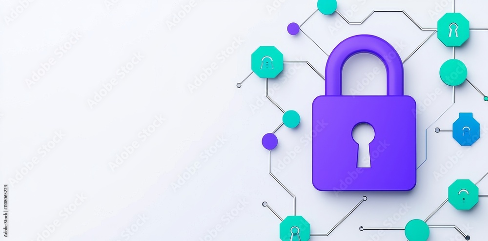 Poster a white background showcasing a padlock and network to represent cyber security and data protection.