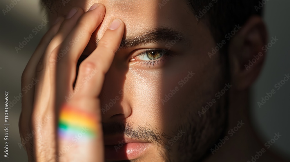 Poster man with piercing gaze and colorful reflection on hand in soft sunlight creating a striking portrait