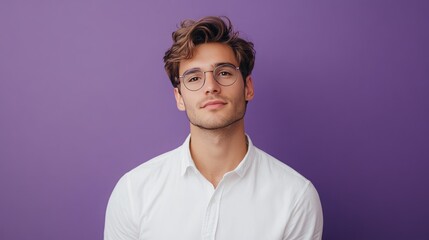 Obraz premium Man with glasses and white shirt on a purple background