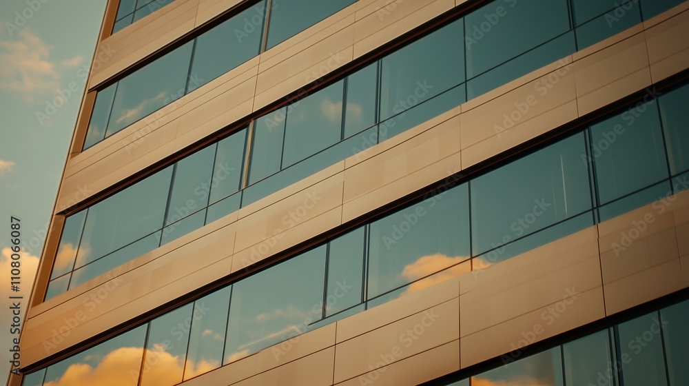 Poster reflection of clouds in modern office building windows during sunset in an urban setting