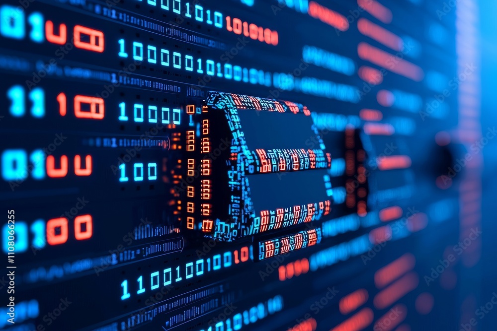 Poster A digital data stream background featuring binary code, representing the information flow in cybersecurity technology.