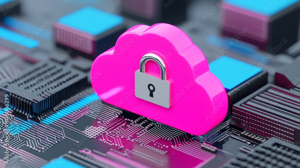 Aufkleber a close-up of a row of modern servers with a padlock and cloud icon illuminated in magenta light in 