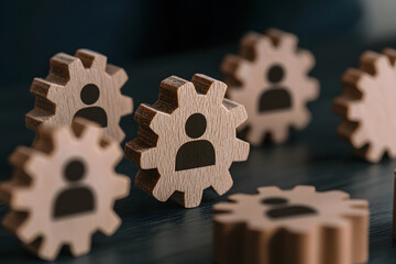 Gears interlocking with people inside them, representing business management, symbolising teamwork, efficiency, and the interconnected roles in a successful organisation
