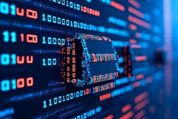 Fototapeta premium A digital data stream background featuring binary code, representing the information flow in cybersecurity technology.
