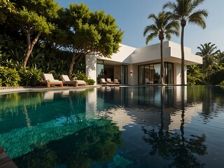 Fototapeta premium Opulent villa with infinity pool and lush landscaping.