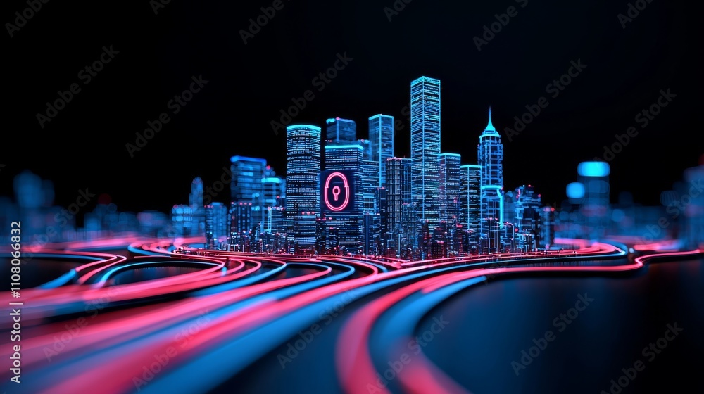 Poster a digital depiction of cybersecurity featuring a padlock symbol and data flows.