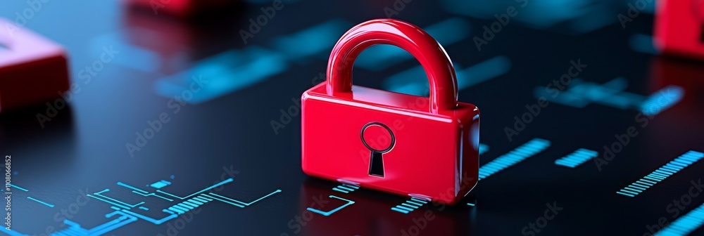 Poster a detailed view of a computer screen highlights a padlock icon amidst colorful digital data, symboli