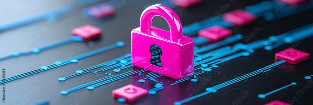 Poster a close-up of a computer screen shows vibrant digital data with a padlock icon in focus, representin