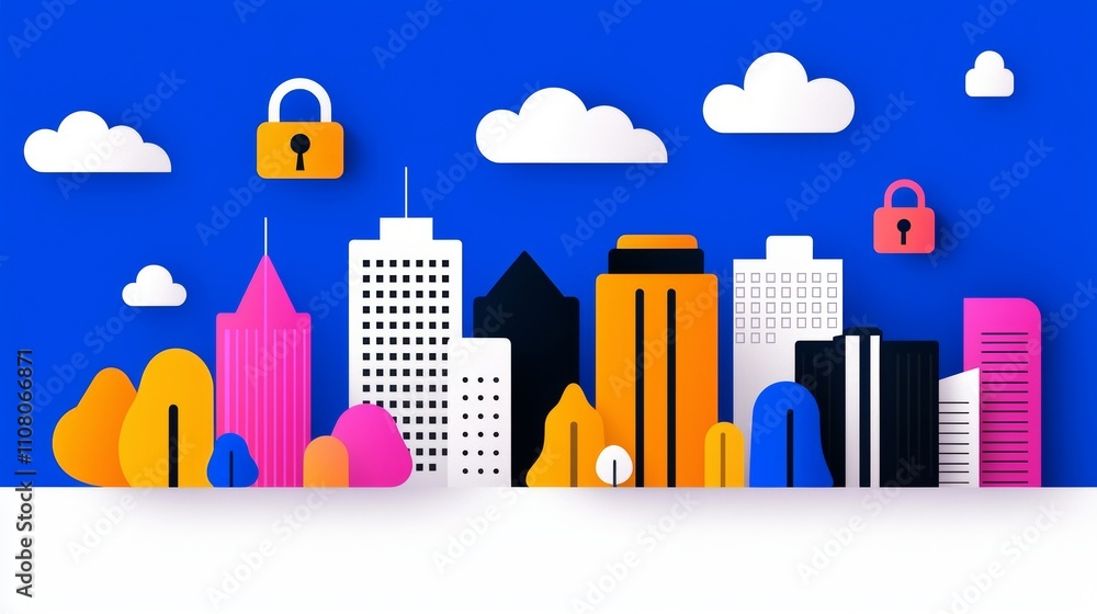 Poster an energetic abstract composition with vibrant locks and security symbols, conveying the ideas of da