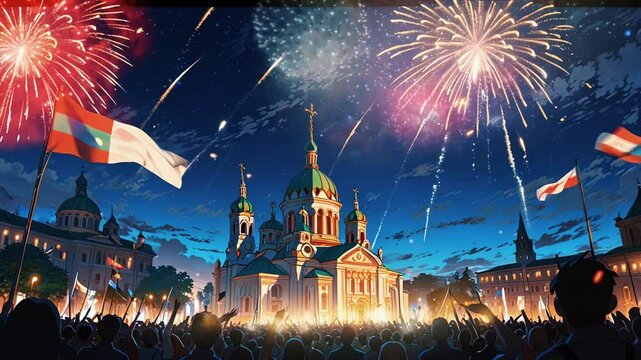 A festive Irish village scene with cobblestone streets, people in green attire, shamrocks, and a lively parade