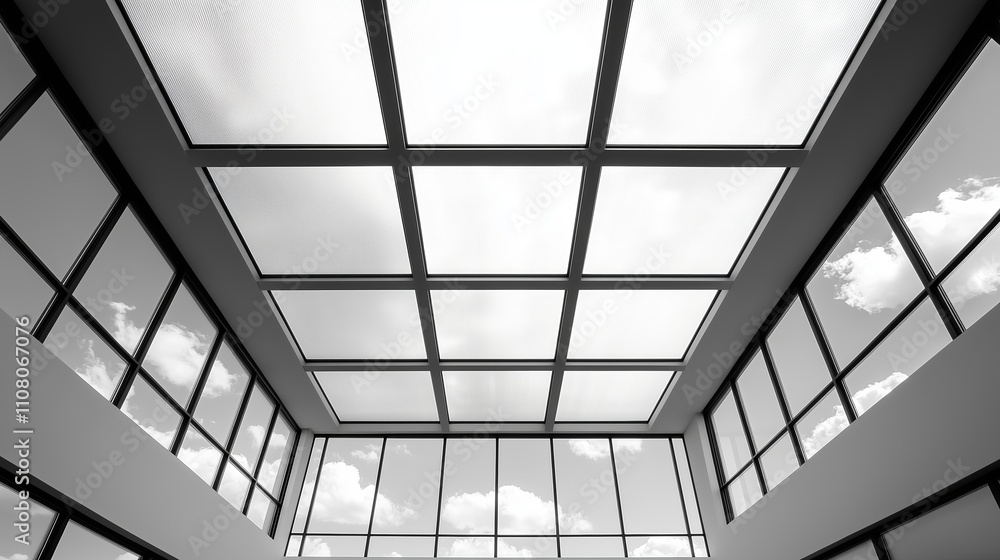 Poster modern architecture showcases large glass ceiling with grid pattern allowing natural light in an ind