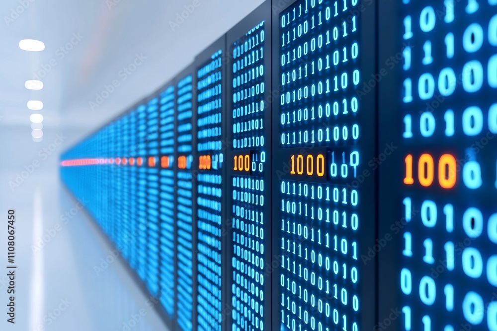 Poster blue and orange abstract binary code symbolizing digital data. concept of cybersecurity and data pro