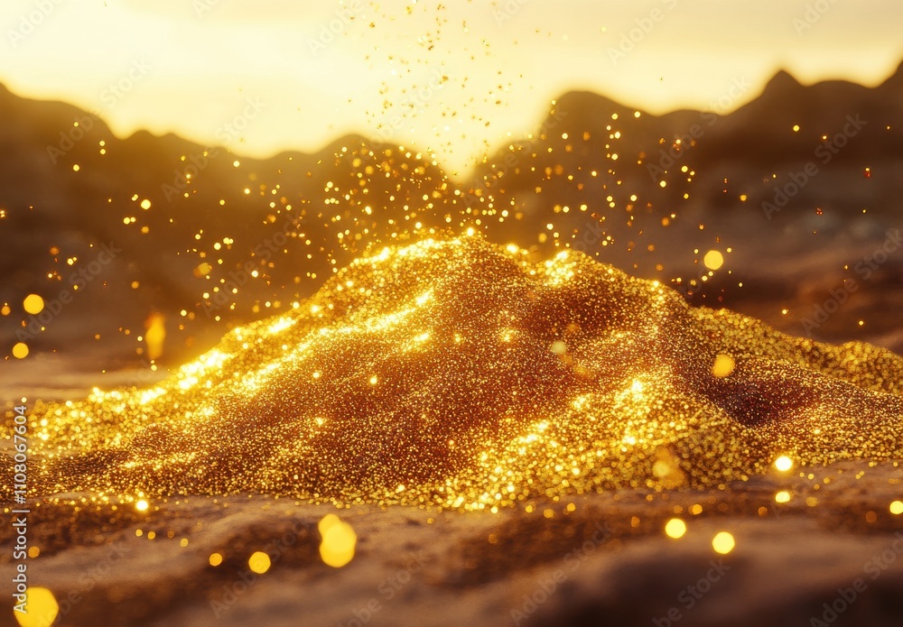 Aufkleber glimmering golden dust accumulating on a surface with sparkling particles reflecting light in a soft