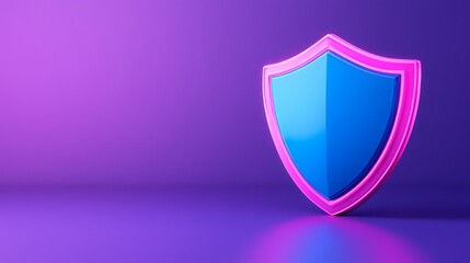 On a dark background, a neon shield in glowing blue and pink hues represents cybersecurity and digital safety.