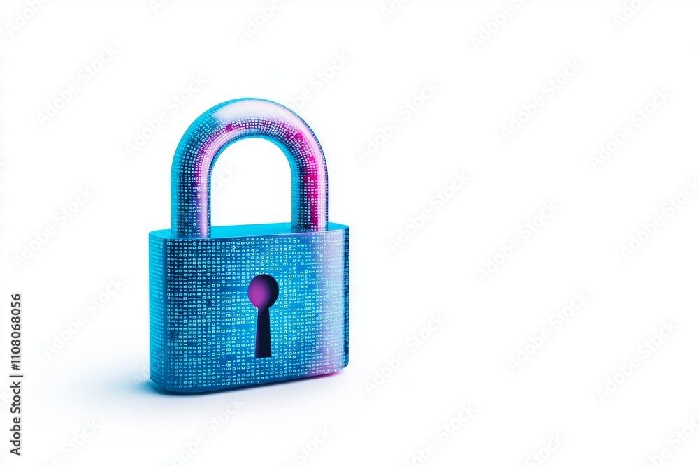 Aufkleber A lock icon with blue and pink code overlay on a white backdrop, representing cybersecurity and data protection. 3D illustration.