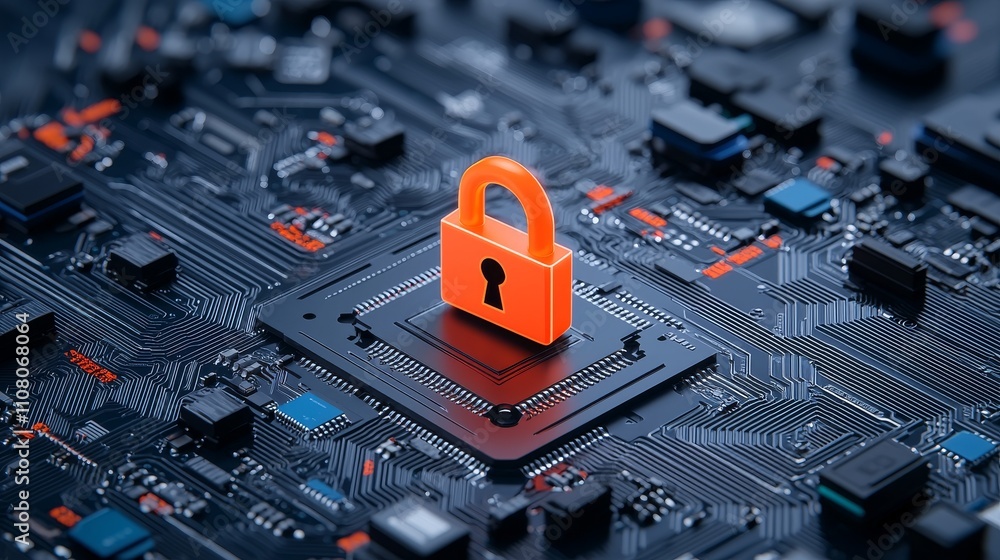 Poster a cybersecurity lock secures digital data on a circuit board.