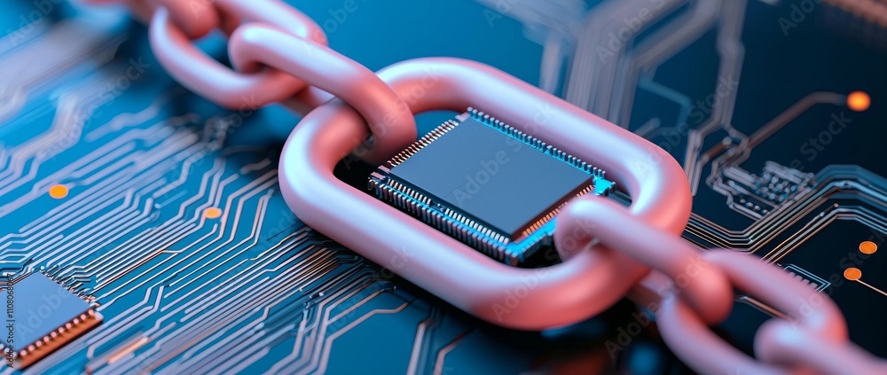 Poster a glowing padlock linked by metallic chains on a circuit board represents digital security and cyber