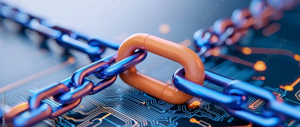 Poster in a technology-driven world, digital security is symbolized by a glowing padlock connected by metal