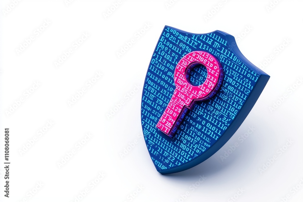 Aufkleber A shield icon featuring a keyhole, encircled by digital code on a white backdrop, representing cybersecurity and data protection. 3D Rendering.