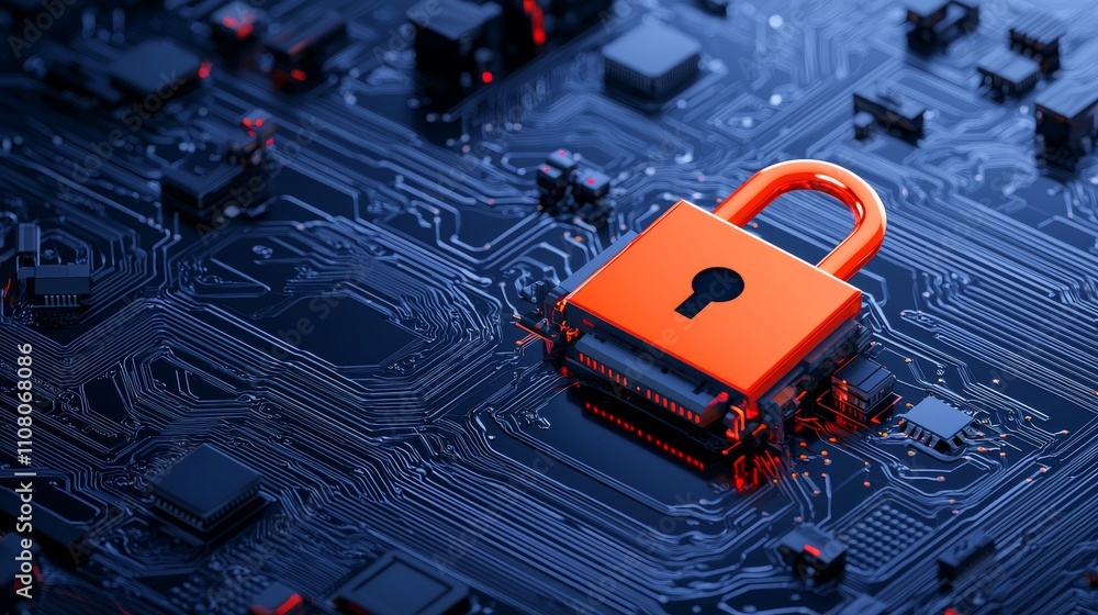Poster a digital data protection lock on a circuit board ensures cybersecurity.