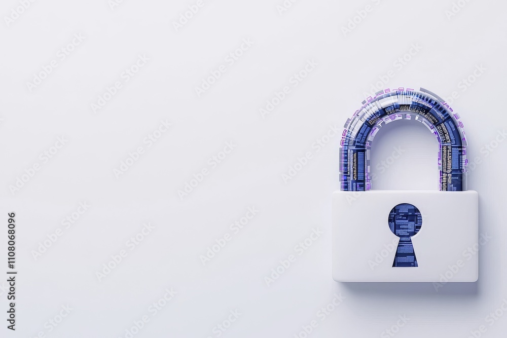 Poster a white background featuring a lock symbol with blue and pink code, symbolizing cybersecurity and da
