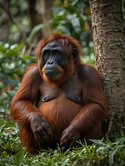 Orangutan sitting among trees.