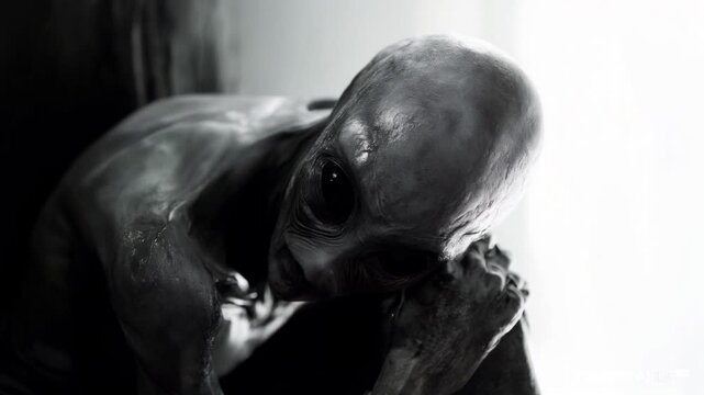 Alien creature sitting in prison room