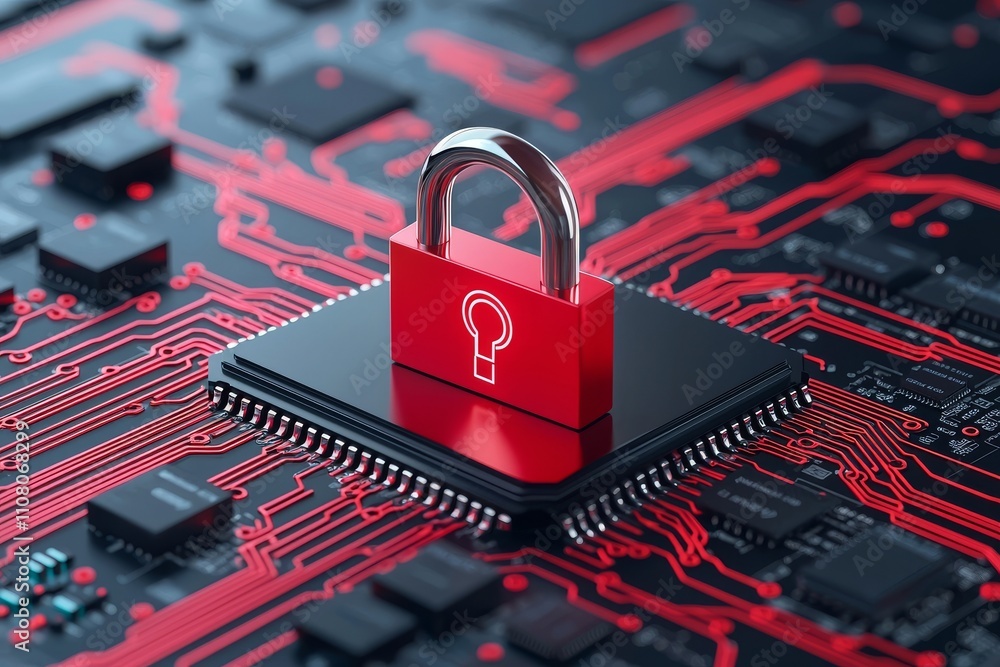 Poster a luminous digital padlock representing cybersecurity and data protection, set against a futuristic 