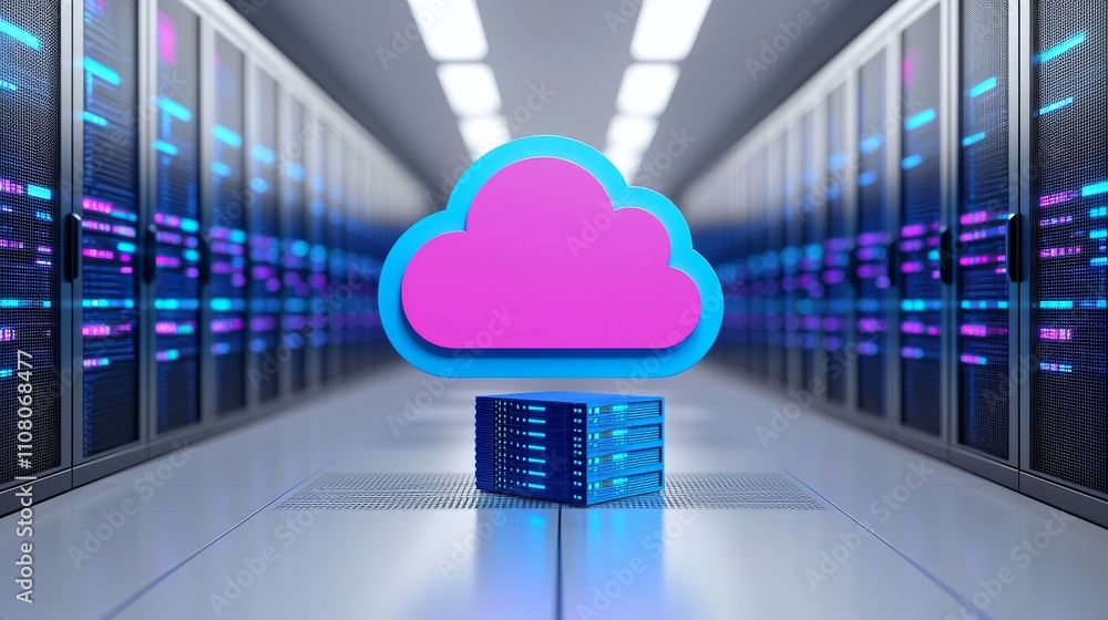 Poster servers arranged in a row within a data center, displaying icons for data security, network connecti