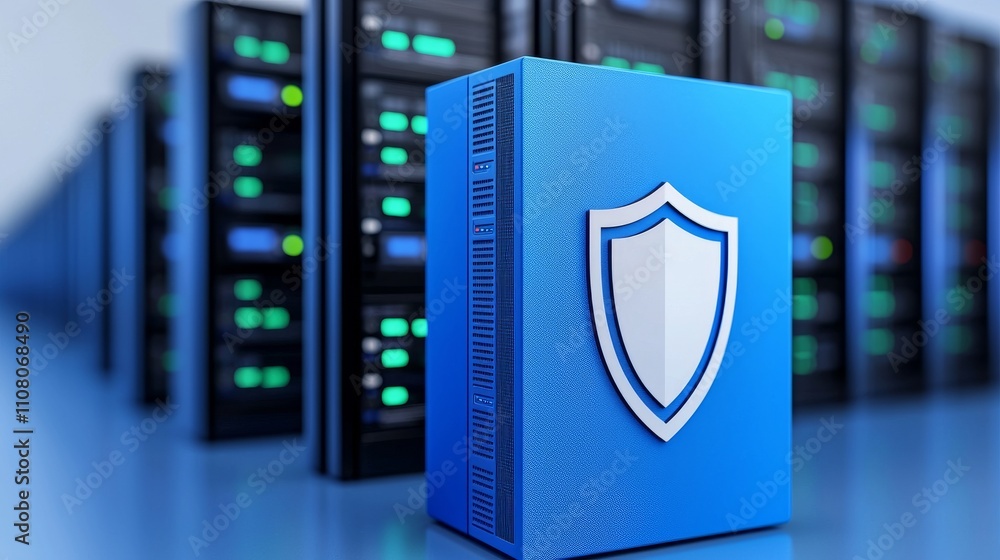 Poster a secure data server featuring a luminous shield, representing cybersecurity and data protection in 