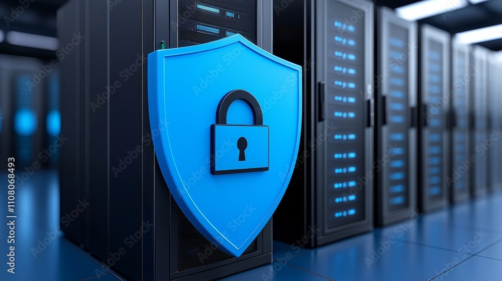 Poster a cutting-edge server rack equipped with a security shield, representing state-of-the-art data prote