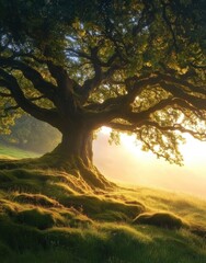 Obraz premium Majestic Oak Tree with Lush Green Grass in Soft Morning Light, Capturing Nature's Tranquility and Beauty in a Serene Landscape