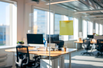 Modern workspace with sticky note, computer, and light filled glass walls blends focus