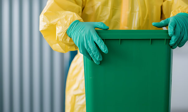 Healthcare worker disposing of medical waste, ensuring proper safety and hygiene protocols are followed, highlighting the importance of cleanliness and waste management in a medical setting