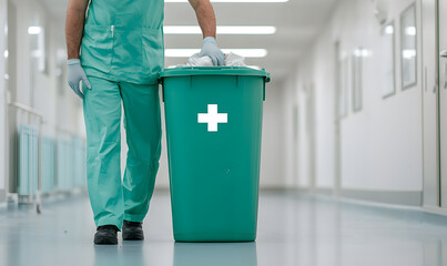 Healthcare worker disposing of medical waste, ensuring proper safety and hygiene protocols are followed, highlighting the importance of cleanliness and waste management in a medical setting