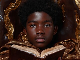 Fototapeta premium A young boy sitting in a chair reading a book