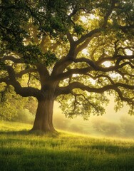 Obraz premium Majestic Tree in Morning Light Over a Serene Meadow Surrounded by Mist, Capturing the Beauty of Nature's Calm and Tranquil Atmosphere