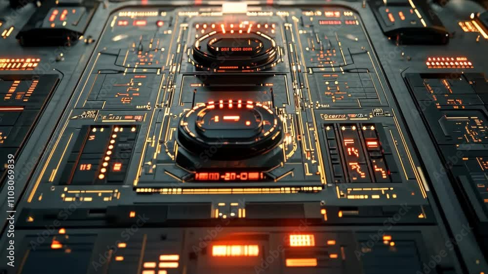Poster Futuristic digital interface with glowing circuits and control panels in a tech environment