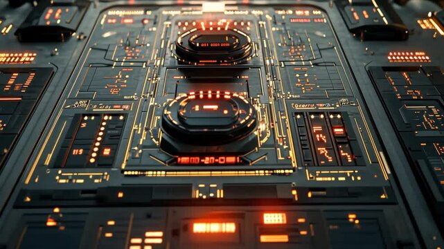 Futuristic digital interface with glowing circuits and control panels in a tech environment