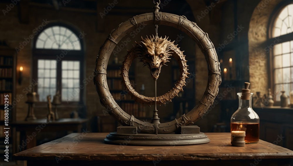 Poster ouroboros in an alchemist's lab representing gnosticism.