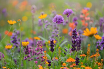 Obraz premium Colorful herb meadow with purple phacelia orange calendula chamomile.