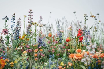 Colorful meadow and garden flowers with insects  isolated