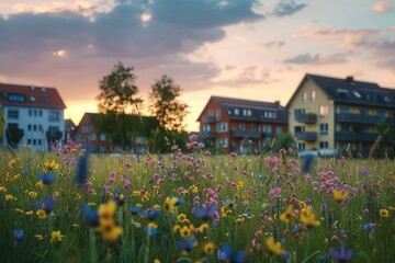 Obraz premium Wildflowers blooming in Bavarian meadow at dusk.
