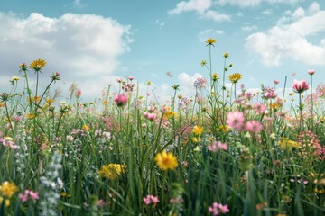 Obraz premium Pink and yellow wildflowers blooming in springtime meadow