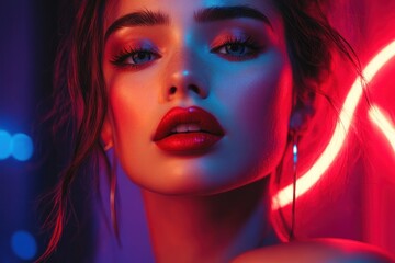 Fototapeta premium Neon Lit Woman Red And Blue Makeup Portrait